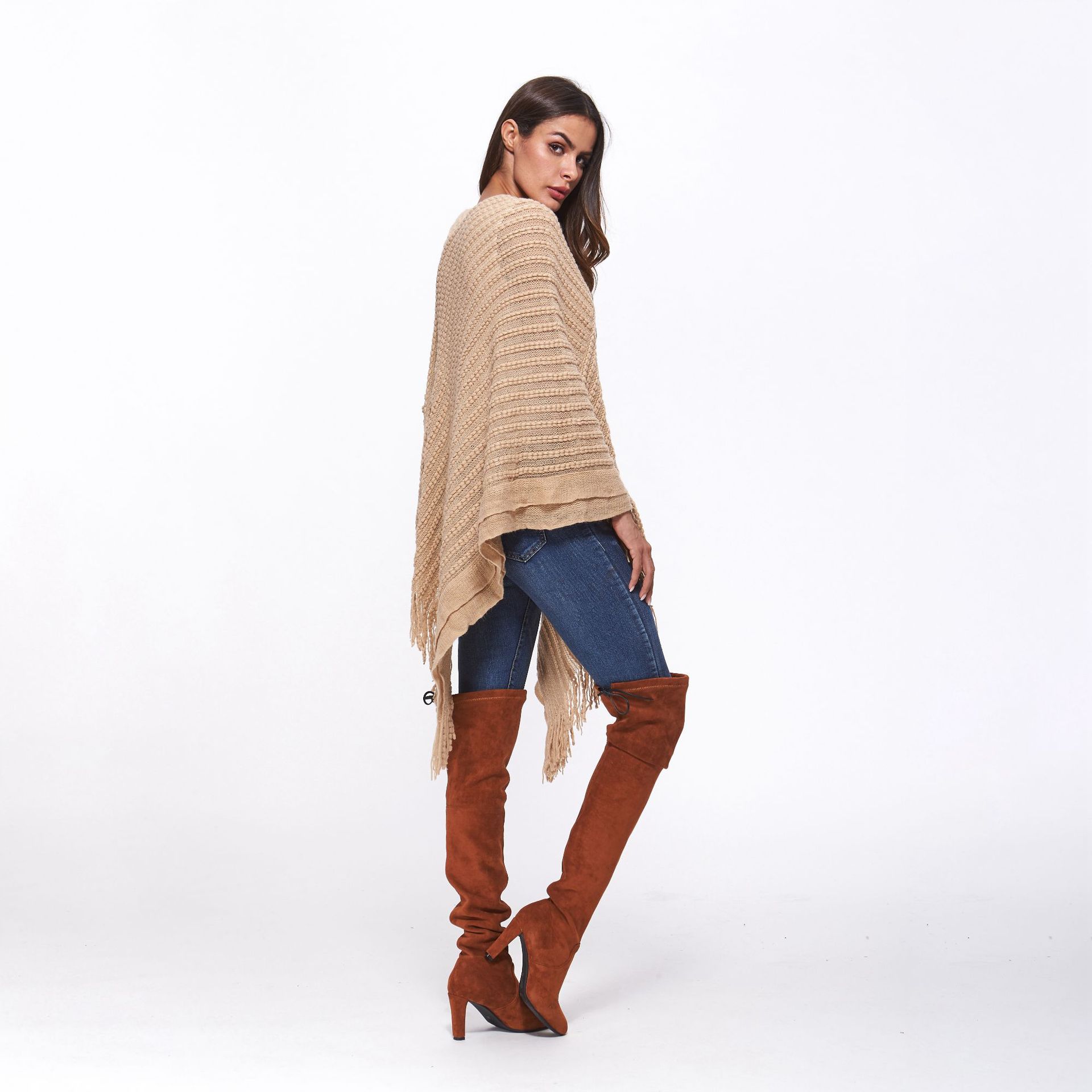 SZ60183-2 Loose Style Tassels Knit Irregular Cloak Sweater